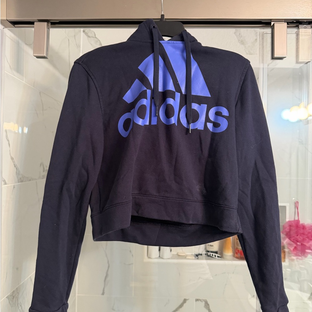 Adidas Navy and Blue Logo Cropped Hoodie